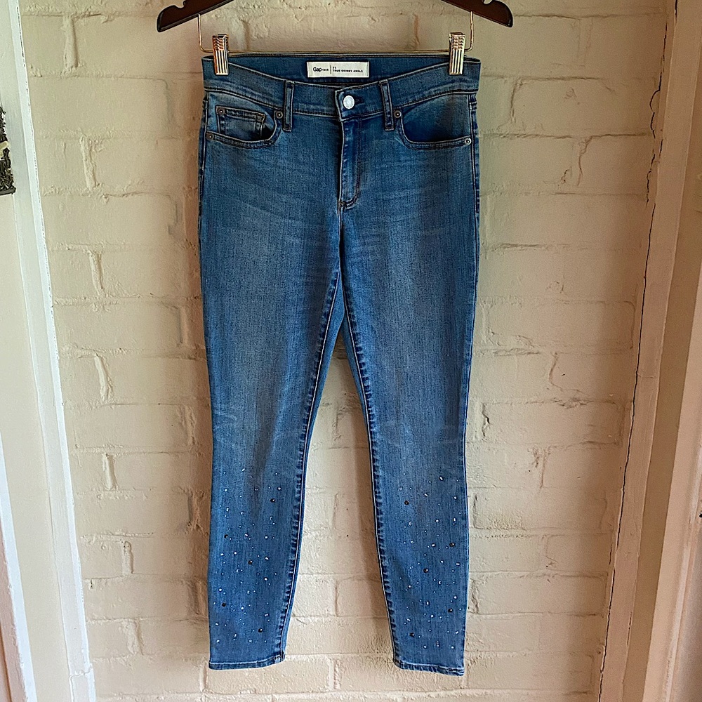 Gap size 25 bejeweled true skinny ankle boho blue denim jeans
